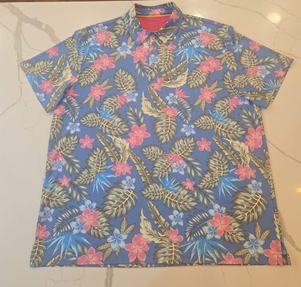Hawaiian Floral Stretch Performance Golf Polo Blue Pink Mens 2XL
